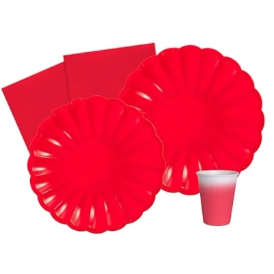 Imagen de Ciao Kit Vajilla de Fiesta Flower Shape para 8 personas (44 pcs: platos Ø23cm, Ø18cm, vasos 250ml, 20 servilletas 33x33cm) papel compostable eco friendly, rojo