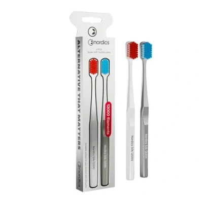 Imagen de Cepillo de dientes ecológico Silk Soft 2 piezas 12.000 cerdas extremadamente suave con y encías Vegano Blanco+Gris Nordics paquete doble
