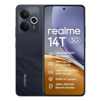 Imagen de realme 14T Smartphone 5g, 8+256GB,Batería 5260 mAh,Procesador Dimensity 6300,IP69, Cámara de 50MP,Pantalla AMOLED para Esports 120 Hz,Negro obsidiana,Exclusivo Amazon (Sin Adaptador)