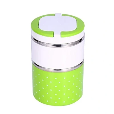 Imagen de Yosoo Fiambrera de Picnic Aislamiento Caja Almuerzo Térmica Contenedor Almacenamiento Alimentos Acero inoxidable Bento portátil con Mango Patrón 1/2/3 Capas (Verde, 900ML)