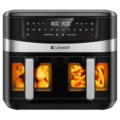 Imagen de LLIVEKIT Freidora Aire 10 L con 2 Zonas, de Función 12 en 1 Asador, Rejilla y Pinchos, Smart Finish, Match Cook, Precalentar Deshitratar, 2800 W