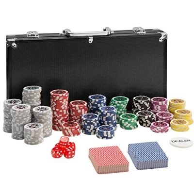 Imagen de TecTake Maletín de Póker Aluminio con Fichas Láser Poker Chips, 300 Pieza, Incl. 5 Dados + 2 Barajas Cartas 1 Ficha Dealer, Negro