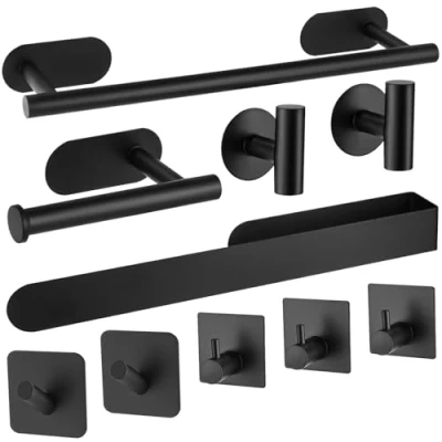 Imagen de SinLaw Toalleros de Baño Sin Taladro,Juego Toallero 10 Piezas, Accesorios Acero Inoxidable Toallero,Accesorios 16 Pulgada (Negro)
