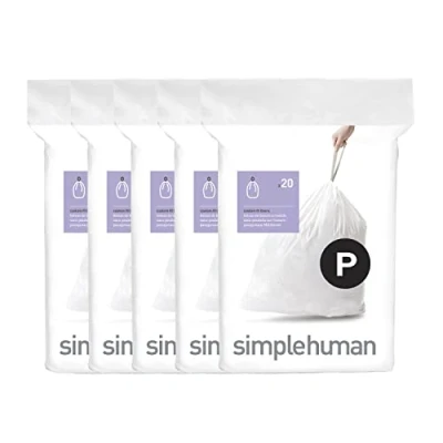 Imagen de simplehuman Code P Bolsas de basura con cordón ajuste personalizado, 50 60 litros/13 16 galones, color blanco, 100 unidades (paquete 1)