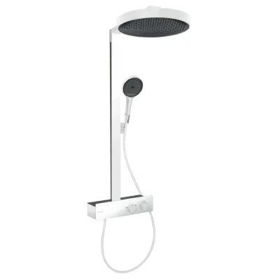 Imagen de hansgrohe Rainfinity, sistema de ducha con termostato, lluvia (360 mm) grifo, mano (3 tipos chorro), flexo, barra, fija redondo (1 tipo blanco mate