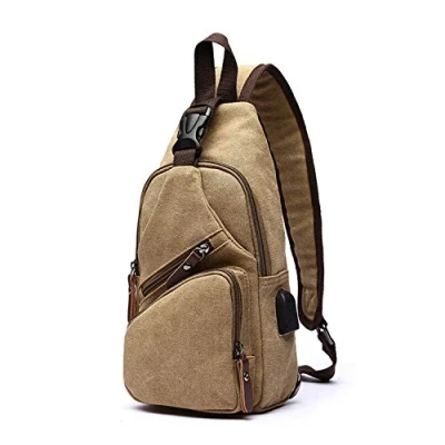 Imagen de FANDARE Bolsa de Pecho Hombre Lona Deportiva Hombro Bandoleras Cruzada con USB Mochila,Mochilas Pequeñas para Ciclismo,Acampada,Viaje Caqui