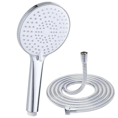 Imagen de alcachofa de ducha con manguera 1,6 m, mano 3 tipos chorro, redonda (120 mm), cabezal alta presión, ahorro agua, cromado