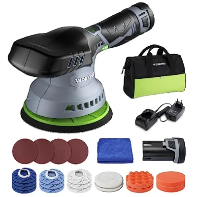 Imagen de WORKPRO Pulidora Coche, 12V Máquina con Velocidades Variables, de Base 150mm, Viene 22pc Accesorios y 1 Bolsa, Perfecto para Pulir Encerar Muebles, Coches