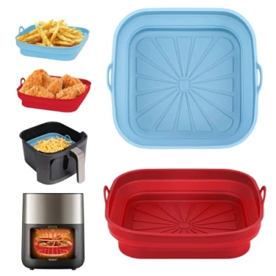 Imagen de Alyvisun Moldes Silicona Freidora de Aire, 2 Piezas Bandeja Accesorios para sin Aceite Reutilizable Recipientes Cuadrado Cesta Utensilios Air Fryer, Microondas, Horno (Rojo+Azul Cielo)