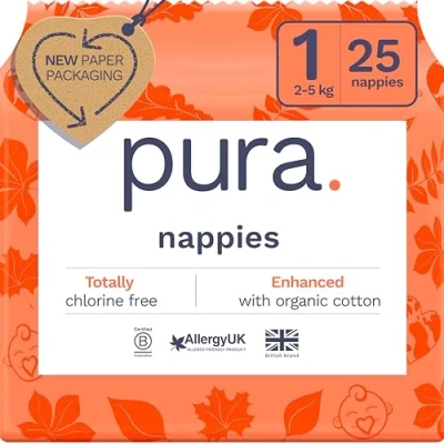 Imagen de Pura Eco Baby Nappies Size 1 (2 5kg / 4 11lbs), Pack (25 Nappies), Newborn for Sensitive Skin, Organic Cotton, Wetness Indicator, Umbilical Cord Cutout, New Guide