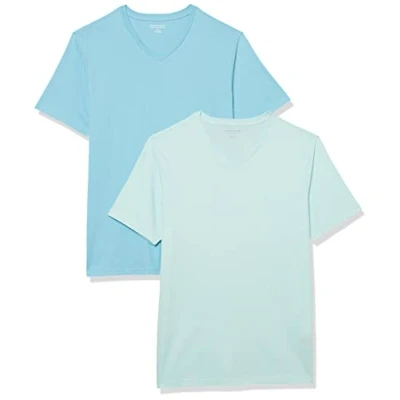 Imagen de Amazon Essentials Camisetas de manga corta con cuello pico y corte ajustado Hombre, Pack 2, Azul Agua/Azul Claro, XXL