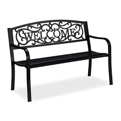 Imagen de Relaxdays Banco Jardín Welcome, 2 Plazas, Estable, Diseño Rústico, Asiento Metálico, Balcón, Porche, 87x 127x61cm, Negro