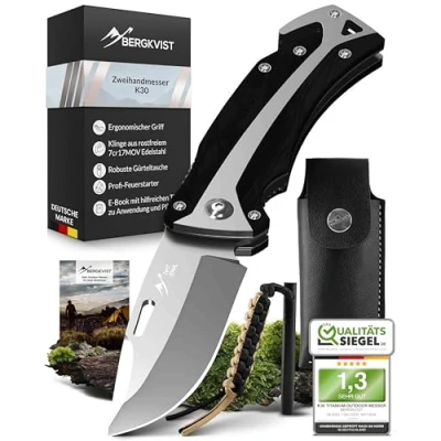 Imagen de BERGKVIST® K30 Cuchillo plegable (navaja de dos manos) Navaja bolsillo 3 en 1 con rompecristales y cortacinturones para exteriores supervivencia Mango G10 negro