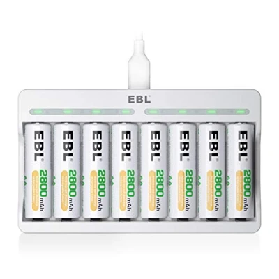 Imagen de EBL Cargador Rápido de Pilas con 8 x AA Recargables, Ranuras Independientes, Carga USB y Protección Múltiple