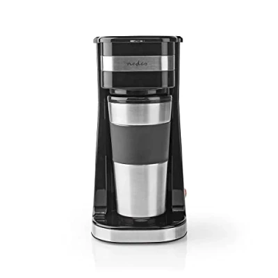 Imagen de NEDIS Cafetera Diseño de acero inoxidable taza viaje con tapa Aislamiento doble pared Función antigoteo 1 a la vez 0,4 L Negro/Plata