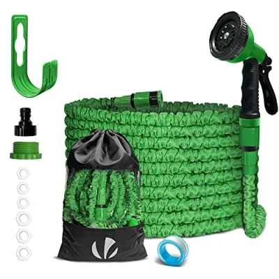 Imagen de VOUNOT Manguera Extensible 15m, Flexible Jardín con Pistola Rociadora de 10 Funciones, Conectores 1/2 y 3/4 Pulgadas Bolsa Almacenamiento, Verde