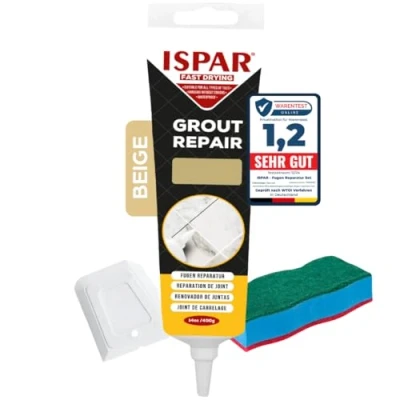 Imagen de Ispar Kit de reparación juntas para azulejos con espátula y esponja, mortero azulejos, masilla renovar las (Beige)