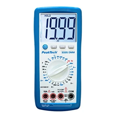 Imagen de PeakTech 3335 Multímetro digital con pantalla LCD extra grande, portátil, retención de datos, voltímetro, probador continuidad, medición corriente, selección rango manual, CAT III 600V