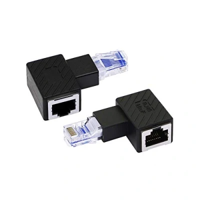 Imagen de RIIEYOCA Adaptador Ethernet de ángulo izquierdo, extensión 90 grados RJ45 hombre/mujer, conexión red Cat6 LAN para ordenadores, portátiles, routers (pack 2) negro