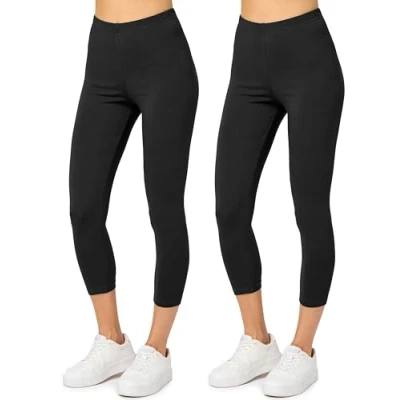 Imagen de Merry Style Leggins Deportivos para Mujer Pantalones Piratas Suaves Elásticos Leggings de Algodón 3/4 Mallas Confortables (2 Pack) MS10 199 (Negro/Negro, S)