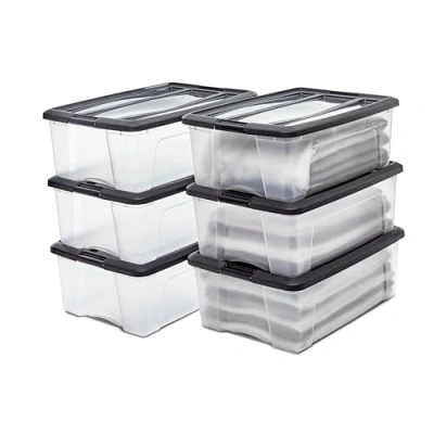 Imagen de Iris Ohyama 6 Cajas de Almacenaje Plastico con Tapa, 30L, Negro, Clips Cierre, Duradero, Apilable, para Dormitorio, Armario, Oficina, Organizadora, Ropa y Zapados, Libre BPA, NTB 30