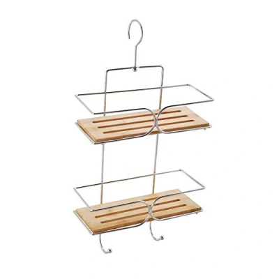 Imagen de MSV 140610 Serveur de Douche d&#039;Angle Métal Chromé / Bambou 25 x 11 38,5 cm