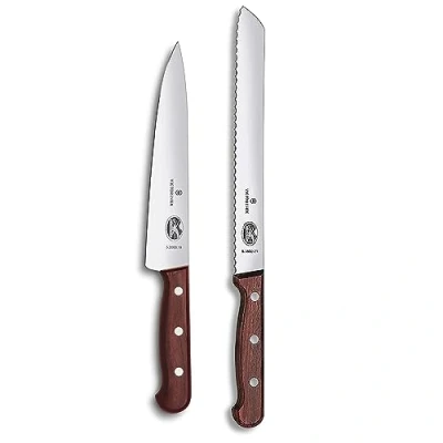 Imagen de Victorinox Wood juego de cocina, cuchillos 2 piezas, cuchillo para pan, trinchar, extra afilado, elegante mango madera, marrón