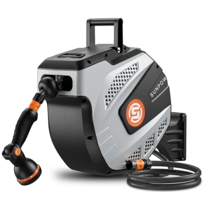Imagen de SUNPOW Carrete Manguera Jardin, 25M+2M, Jardin Enrollable con 10 Modos de Pulverización, Retracción Automática, Bloqueo Longitud, Base Pared 180 Giratorio