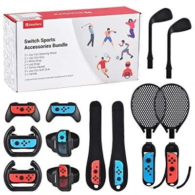 Imagen de innoAura Paquete de Accesorios Switch Sports 14 en 1, con Volante Switch, Agarre Joycon, Raqueta Tenis, Palo Glof,Correa muñeca, Correa Pierna Compatible Switch/Switch OLED