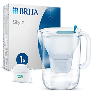 Imagen de BRITA Jarra con filtro de agua Style azul (2,4 l) incl. 1x cartuchos MAXTRA PRO All in 1 Diseño adaptable al frigorífico luz LED inteligente tapa abatible que reduce cloro, cal e impurezas.