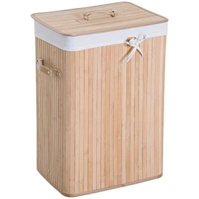 Imagen de HOMCOM Cesto para Ropa Sucia Plegable de Bambú con Tapa Asas y Bolsa Extraíble Baño 40x30x60 cm Natural