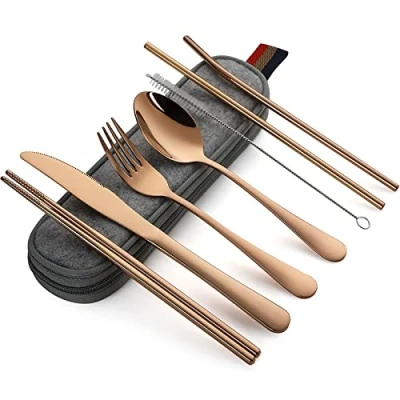 Imagen de DEVICO Utensilios portátiles, juego de cubiertos viaje, camping, 8 piezas, incluyendo cuchillo, tenedor, cuchara, palillos, cepillo limpieza, pajitas, estuche portátil,