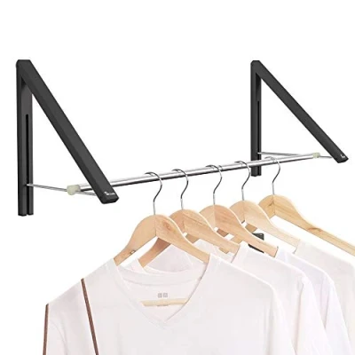 Imagen de Anjuer Estante de ropa retráctil secado percha plegable montado en la pared para organización almacenamiento del armario lavadero, aluminio, 2 estantes con varilla (negro)
