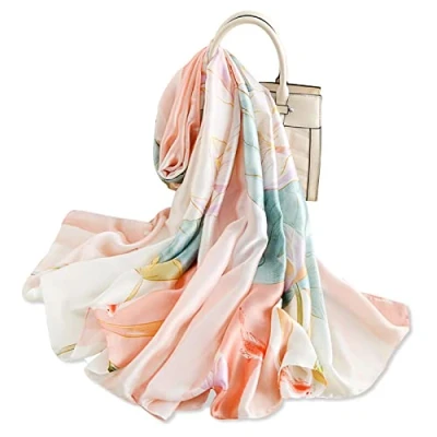 Imagen de LumiSyne Bufandas De Seda Mujer Estampado Flor Loto Empalme Color Patrón Geométrico Estilo Retro Lujoso Largo Fulares Suave Caliente Estolas Chal Pañuelo Protector Solar Toda La Temporada