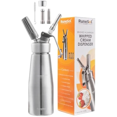 Imagen de Runesol 500ml Sifón de Cocina Profesional Aluminio, Sin Fugas, 3 Boquillas Acero Inoxidable, Sifon para Espumas, Facil Usar Sifones Postres y Nata Montar, Siphon Espuma