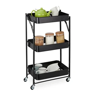 Imagen de Relaxdays Carrito Auxiliar, 3 Pisos, 77,5 x 45,5 29,5 cm, Plegable, 2 Frenos, 4 Ganchos, Carro Cocina, Metal, Negro, Hierro