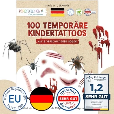 Imagen de Papierdrachen 100 tatuajes para pegar de Alemania, adhesivos Halloween con cicatrices, sangre, heridas, arañazos y arañas, el disfraz Halloween, vegano, juego 18