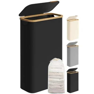 Imagen de SONGMICS Cesto de Ropa Sucia con Tapa, Cesta Delgada, 65 L, Ahorra Espacio, Forro Malla Extraíble, Tejido Oxford, Asas Bambú, Plegable, 42 x 22,5 70,5 cm, Negro Tinta LCB506B01