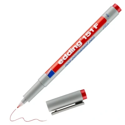 Imagen de bolígrafo no permanente edding 151 F rojo 1 plumilla redonda de 0,6 mm para escribir sobre vidrio,plástico, láminas y superficies lisas secado rápido,se puede corregir con agua