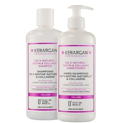 Imagen de Kerargan Duo Voluminizador Champú &amp; Acondicionador con Biotina Colágeno para Cabello Plano, Fino y Apagado Aumenta Brillo Estructura Sin Sulfatos, GMO, Silicona, Aceite Mineral 2x500ml