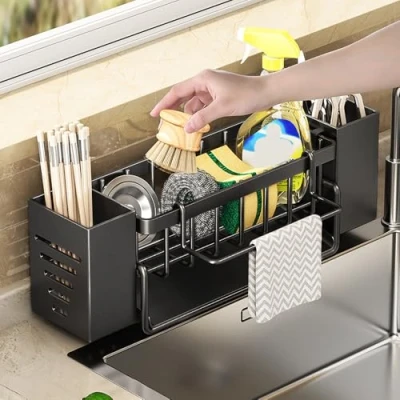 Imagen de HEKOBAG Soporte de Esponja Fregadero Acero Inoxidable con Bandeja Desagüe Extraíble, Organizador para Cocina Goteo y Toallero Detergente Esponjas