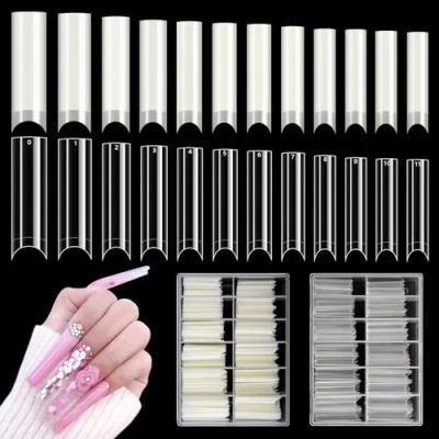Imagen de 480 Piezas Puntas de Uñas Extralargas: XL C Curva Tips Acrilicas Transparentes Natural Medio Cubiertas para Salones Transparente/Natural