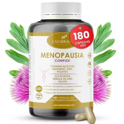 Imagen de Lazarraga Tratamiento de la Menopausia Control Sofocos Alivia el Hinchazón Abdominal Vientre plano Sin Soja ni Conservantes Vegano 3 Meses 180 Cápsulas Vegetales