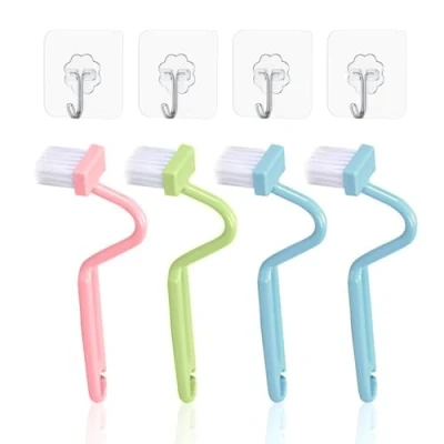 Imagen de 4 cepillos de limpieza inodoro, escobilla para asiento inodoro con limpiador bordes, cepillo pequeño curvado (multicolor)