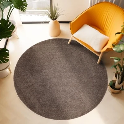 Imagen de SIMPEX Alfombras de Pelo Corto, Unicolor Monocromo, Alfombra Marrón, 200 cm Redonda, Estilo Moderno, Sala Estar