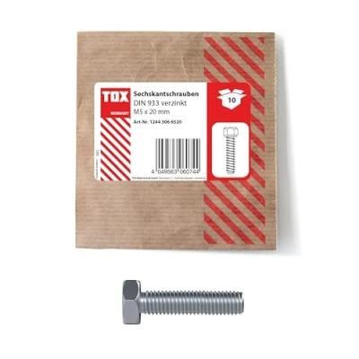 Imagen de TOX Tornillo de cabeza hexagonal M5x20, galvanizado, DIN 933, tornillos para máquinas con rosca completa y baja altura cabeza, 10 piezas en embalaje papel resellable, 12443066520