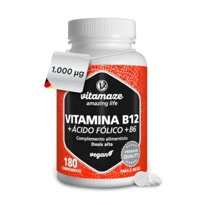 Imagen de Vitamina B12 1000 mcg + Ácido Fólico B9 y B6 3 Vitaminas B de Alta Dosis para Múltiples Beneficios Energía Sistema Inmune 180 Comprimidos Veganos Calidad Alemana. Vitamaze®