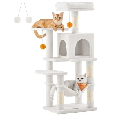 Imagen de Feandrea Rascador para Gatos, Árbol Altura 112 cm, Torre de con 4 Postes Rascadores, 2 Plataformas, 1 Cueva, Hamaca, Pompones, Tela Felpa, Multinivel, Blanco Crema PCT261T01
