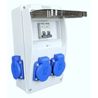 Imagen de RoadEu distribuidor de corriente 230 V 4 enchufes Schuko con interruptor 2 interruptores C 16 A Cableado, para interiores y exteriores
