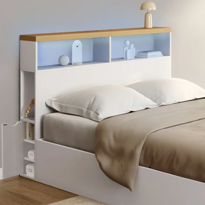Imagen de Cabecero LUNA 145 cm LED con compartimentos cerrados y nichos blancos encimera efecto madera